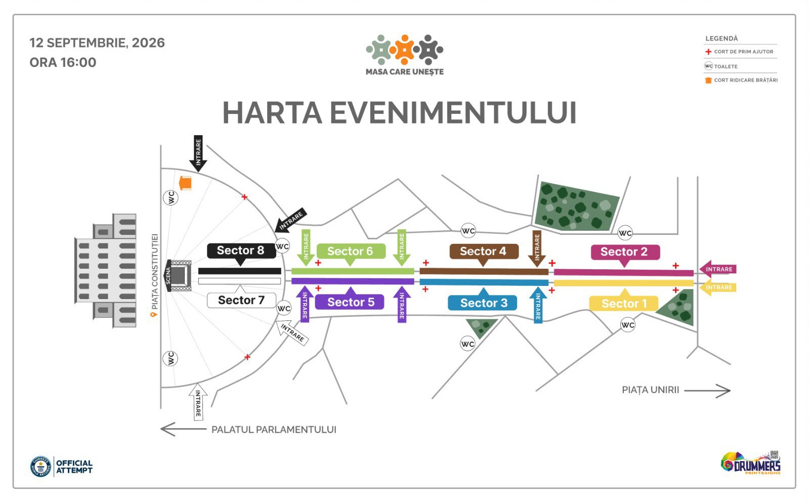 The Table that Unites 2026 map — Constitution Square to Unirii Square, with all 8 sectors and access points